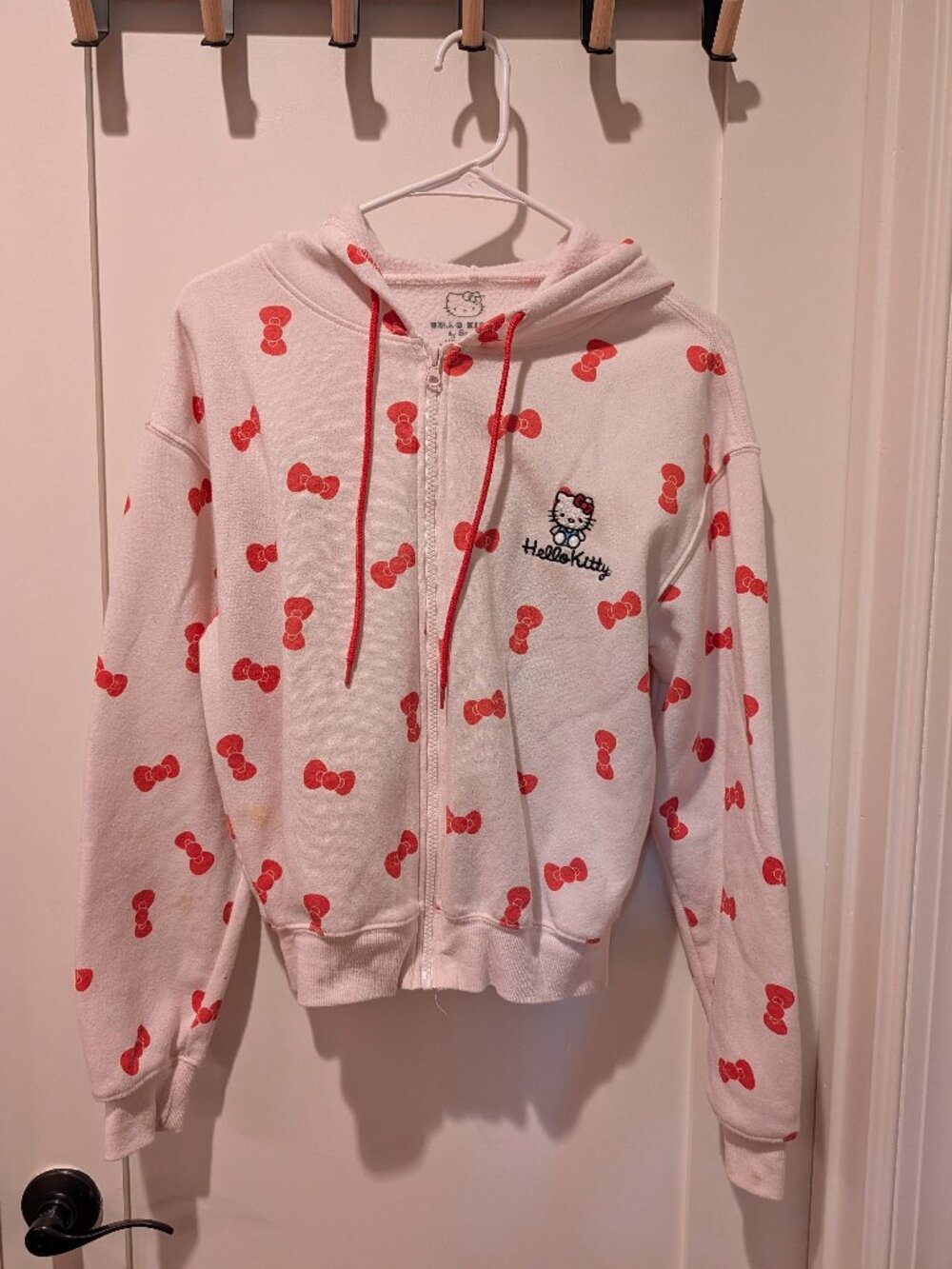 Hello Kitty Sanrio Girls XS Zip-Up Hoodie White Red Bow Print Full Zip